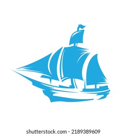 Blue old sailing ship. Illustration on white background.