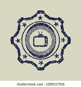 Blue old tv, television icon inside grunge stamp