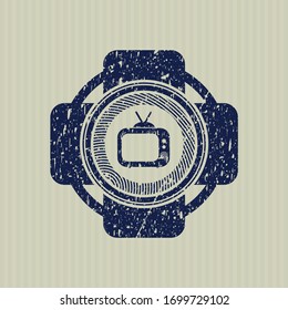 Blue old tv, television icon inside distress rubber grunge stamp