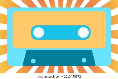 Blue old, vintage, retro, hipster, musical audiocassette from the 80's, 90's against the background of yellow sunlight. Vector illustration.