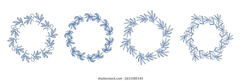 Blue olive branches circle frame set. Circular frames with branches. Hand drawn collection of olive leaves and decorative elements. Perfect for wedding invitations, cards, logo design, and posters