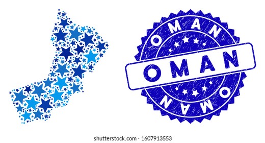 Blue Oman map mosaic of stars, and textured round stamp. Abstract geographic scheme in blue shades. Vector Oman map is designed from blue stars. Designed for political and patriotic applications.