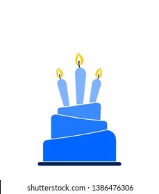 Blue ombre layered cake icon with three lit candles isolated on white background. Design template for label, banner, logo or badge.