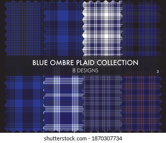Blue Ombre Plaid textured seamless pattern collection includes 8 design swatches suitable for fashion textiles and graphics