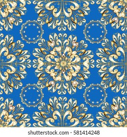 Blue on background. Royal luxury golden baroque damask vintage. Vector pattern background wallpaper with gold antique floral medieval decorative 3d flowers, leaves and gold pattern ornaments.
