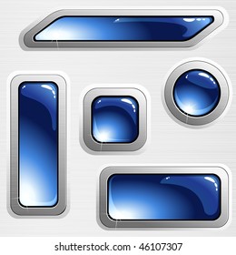 Blue on grey brushed steel banners and buttons (EPS10); JPG version also available