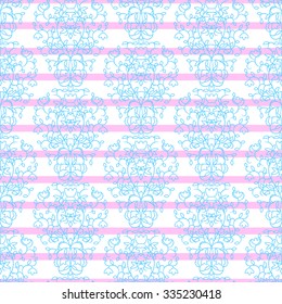 Blue on pink stripes elegant border in damask retro style. Leaf ornament with swirls, fan or feather motifs with dotted row. For border cloth or invitations.
