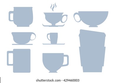 Blue on white coffee cup set of silhouettes vector clipart or background illustration, set of different coffee cups on white, isolated coffee cup, paper and ceramic cup for tea or coffee, cup clipart