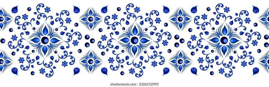 Blue on white floral border in traditional style, decorative element, seamless pattern, vintage design background. Vector illustration