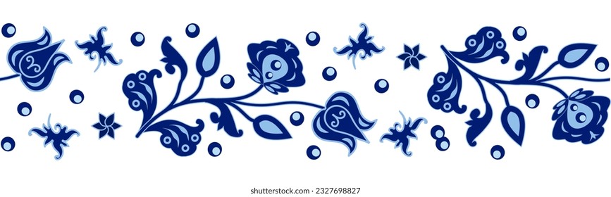 Blue on white floral border in traditional style, decorative element, seamless pattern, vintage design background. Vector illustration