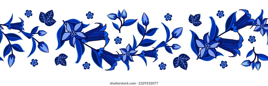 Blue on white floral border in traditional style, decorative element, seamless pattern, vintage design background. Vector illustration