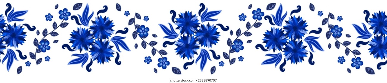 Blue on white floral border in traditional style, decorative element, seamless pattern, vintage design background. Vector illustration