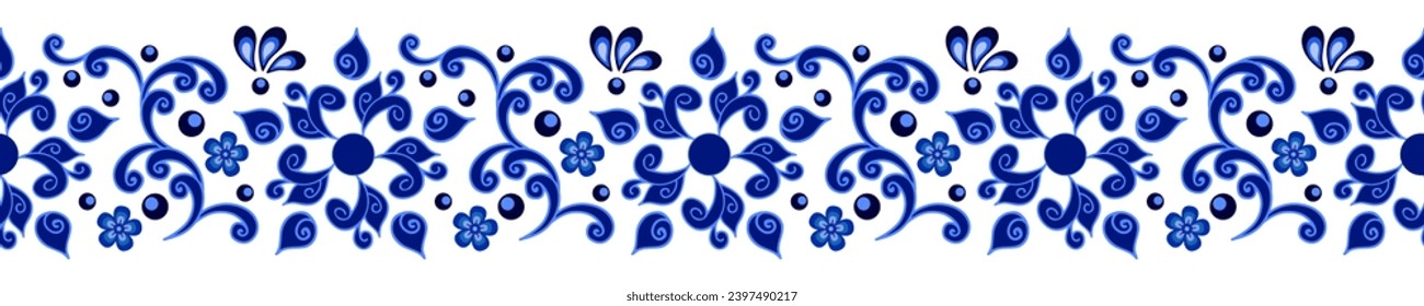 Blue on white floral border in traditional asian style, decorative element, seamless pattern, vintage oriental design background. Vector illustration