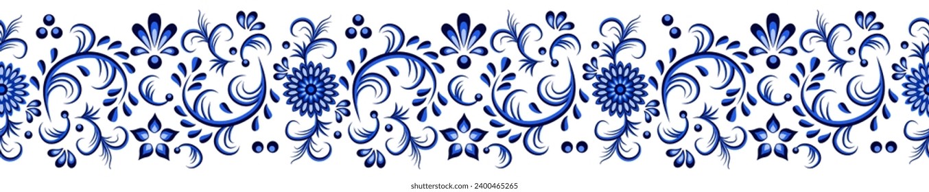 Blue on white floral border in traditional asian style, decorative element, seamless pattern, vintage oriental design background. Vector illustration