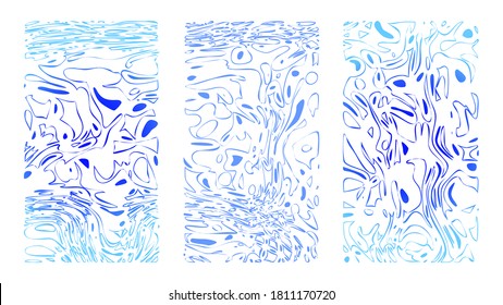 Azul sobre fondo vectorial blanco. Conjunto de fondo abstracto de caricatura. Superficie de agua rizada vertical con ilusión curvada,