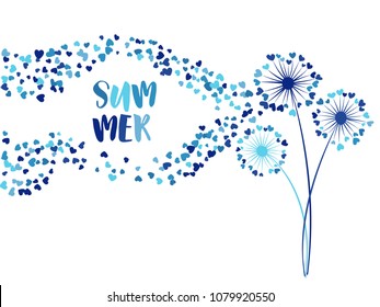 Blue on white vector dandelion herbs, meadow flowers illustration. Floral summer background design with dandelion blowing plant. Flowers with heart shaped feather flying. Meadow summer blossom.