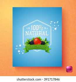 Blue one hundred percent natural organic product label over orange background with pink square in corner