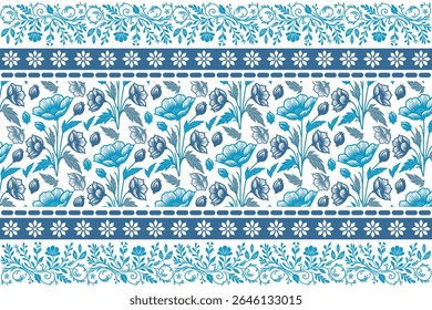 blue one line flower border design featuring abstract petals and botanical line art ideal for trendy fashion wear

