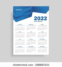 Blue One Pager 2022 Wall Calendar Vector Design Template  In Modern 12 Months
