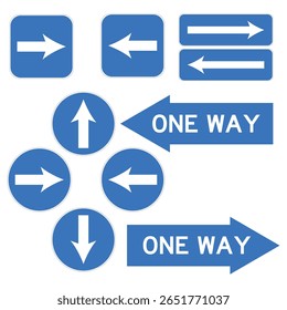 blue one way sign set with bold white arrows for mandatory direction, road safety, and parking. includes circle, square, and panel designs in vector eps format for easy use.