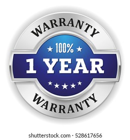 Blue one year warranty badge / button with silver border