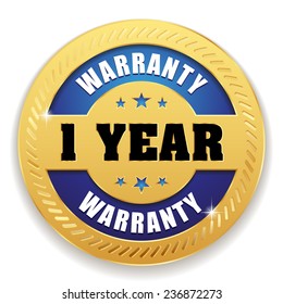 Blue one year warranty button with gold border on white background