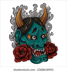 blue oni mask with roses vector illustration isolated