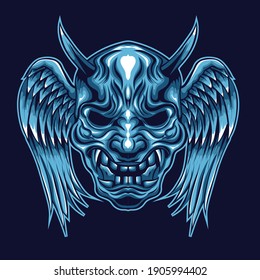 Blue oni mask with wings illustration.