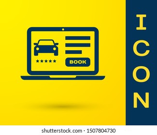 Blue Online car sharing icon isolated on yellow background. Online rental car service. Online booking design concept for laptop.  Vector Illustration