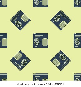 Blue Online casino chips exchange on stacks of dollars icon isolated seamless pattern on yellow background.  Vector Illustration