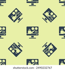 Blue Online education and graduation icon isolated seamless pattern on yellow background. Online teacher on monitor. Webinar and video seminar learning.  Vector Illustration