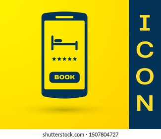 Blue Online hotel booking icon isolated on yellow background. Online booking design concept for mobile phone.  Vector Illustration
