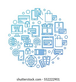 Blue online payment illustration. Round financial service and online banking concept symbol in thin line style