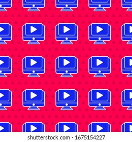 Blue Online play video icon isolated seamless pattern on red background. Computer monitor and film strip with play sign.  Vector Illustration