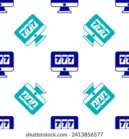 Blue Online slot machine with lucky sevens jackpot icon isolated seamless pattern on white background. Online casino.  Vector