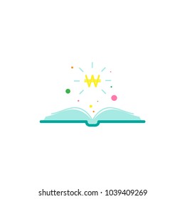 blue Open book with dots, stars and yellow korean won sign flying out isolated on white.  Money book business concept. Flat vector illustration. Account book symbol.  Investment ideas.