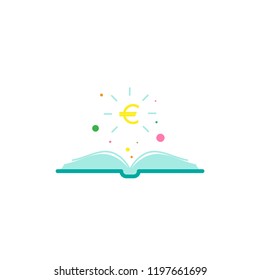 blue open book with dots, stars and yellow euro sign flying out isolated on white.  Money book business concept. Flat vector illustration. Account book symbol.  Investment ideas.