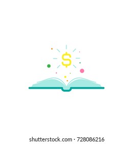 blue Open book with dots, stars and yellow dollar sign flying out isolated on white.  Money book business concept. Flat vector illustration. Account book symbol.  Investment ideas.