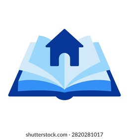 Blue open book with house icon representing home learning and education
