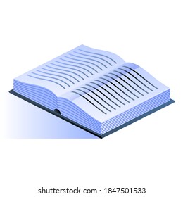 Blue open book icon in isometric view. School learning, higher education, knowledge, literature, library or bookstore concept. Dictionary or textbook. Vector illustration isolated on white background