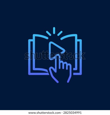 Blue open book logo with a play button and clicking hand, ideal for interactive learning, online courses, tutorials, e-books, education apps, and digital training.