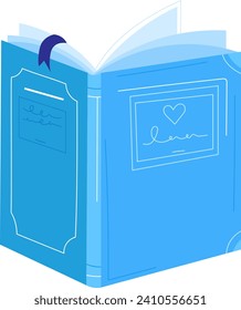 Blue open book with love heart on cover and elegant script. Minimalist reading and literature concept. Romance novel or poetry book vector illustration