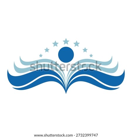 Blue open book with stars and sun logo graphic design element icon