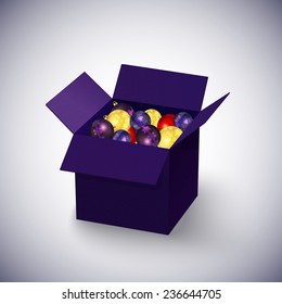 Blue open box with baubles isolated on white background. Colorful Christmas balls in packing. Vector illustration