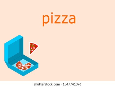 blue open box with pice of pizza on pink background with pizza texts