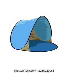 Blue open camping tent vector illustration. Cartoon drawing of camper tent, travel home isolated on white background. Camping, traveling, tourism concept