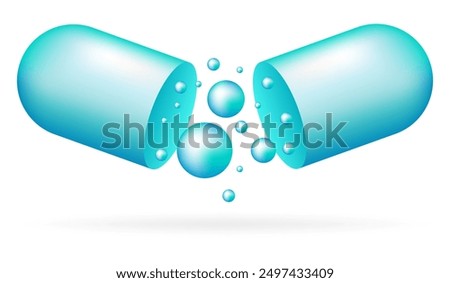 Blue open capsule. Soluble shell, drops inside, fluids, substance, medicine, pill, medicament, treatment, healthcare, vitamins, dietary supplements, science, chemistry, pharmacology. Vector