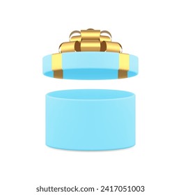 Blue open circle festive gift box with luxury golden bow ribbon 3d icon realistic vector