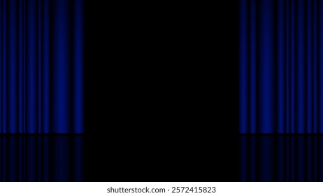 Blue open curtain on stage. Concert hall with glossy floor and fabric drapery, awarding or graduation ceremony, standup comedy show banner background. Vector illustration