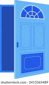 Blue open door with arched glass window on top. Simple flat style house entrance illustration. Welcoming home concept and open door symbol vector illustration.